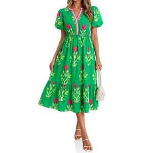 Cicy Bell Womens Summer Floral Print Maxi Dress A Line Puff Short Sleeve V Neck Boho Dresses Flowy Beach Vacation Outfits size 8