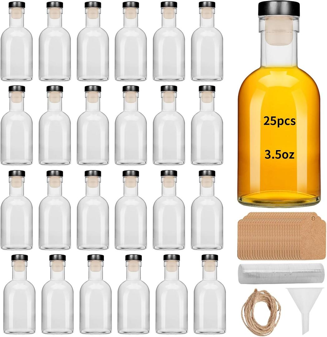 25PCS Black Cap 3.5OZ Mini Glass Liquor Bottles with Lids Small Glass Wine Bottle Reusable Empty Alcohol Bottles with Aluminum Black Cap for Christmas Birthday Weddings (100ML 3.5OZ) (25)