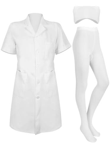Hercicy Nurse Dress Costume Set for Women White Short Sleeve Medical Lab Coat Nurse Cap Footed Pantyhose Halloween Cosplay(Classic Style,3XL)