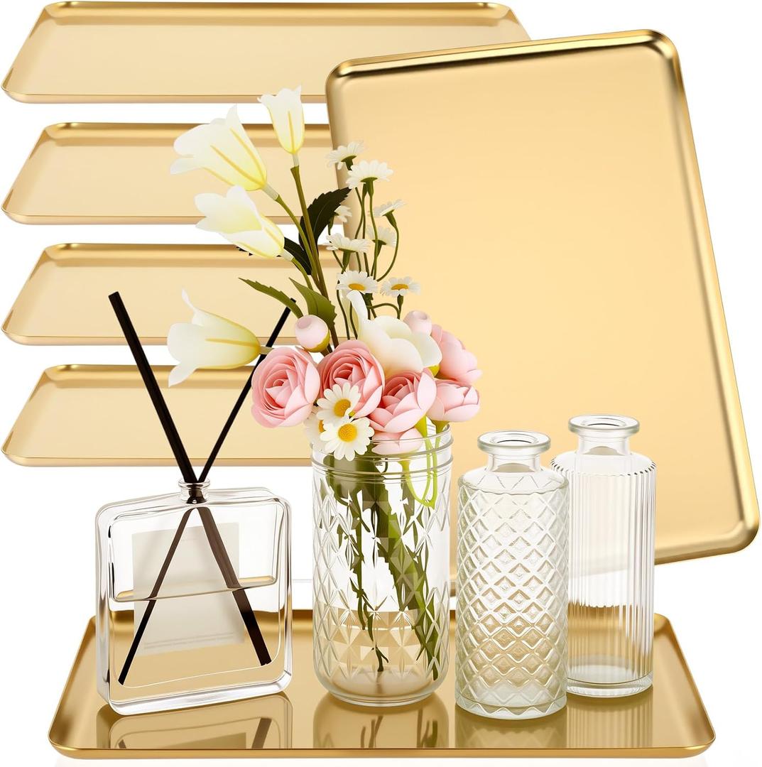 Vesici 6 Pcs Gold Metal Serving Tray Bulk Stainless Steel Rectangle Platters Decorative Vanity Makeup Jewelry Organizer Tray for Wedding Party, Buffet, Bathroom, 11.8 x 7.9 Inches