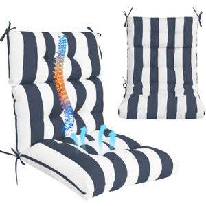 Outdoor High Back Chair Cushions 2-Pack, 44"x22"x 4" Fade-Resistant Waterproof Tufted Pads with Ties for Patio Rocking & Adirondack Chairs (Navy Blue White), 44 inches by 22 inches by 4 inches
