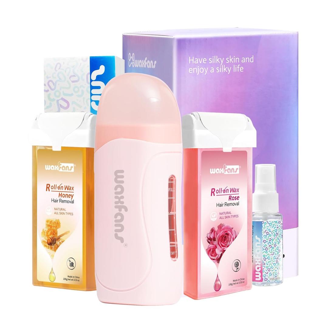 Waxfans Roll on Wax Kit, Waxing Kit for Women and Men, Wax Roller Waxing Kit for All Skin Types, Roll on Waxing Kit for Hair Removal, with Honey and Rose Wax Cartridges & 50 Pcs Wax Strips (Pink)
