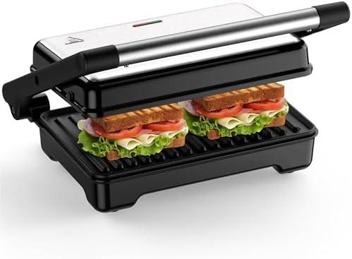 YASHE Panini Grill Press, 1200 W Sandwich Maker, Panini Maker with Non-Stick Coated Cast Aluminum Plates, Fits 2 Slices of Bread, 180-Degree Opening, Easy to Clean,Versatile Use