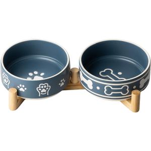 Dafuceramic Dog Bowls Set with Stand, 1.5 Cups Ceramic Puppy Bowls for Dogs, Dual Dog Food and Water Bowls with Bone Pattern,Weighted Non-Slip Base (S-1.5 Cups)
