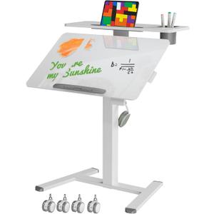 28Inch Glass Mobile Standing Desk On Wheels Rolling Laptop Stand with Tiltable Desktop Small Computer Workstation Adjustable Height 2-Tier Portable Study Table with Storage Shelf White