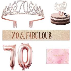 70th Birthday Decorations Women, 70th Birthday Gifts for Women, 70th Birthday Tiara, Sash, Balloon, Candles and Cake Topper for 70 Years Old Birthday Party Decoration and Supplies with Gift Box, 5PCS