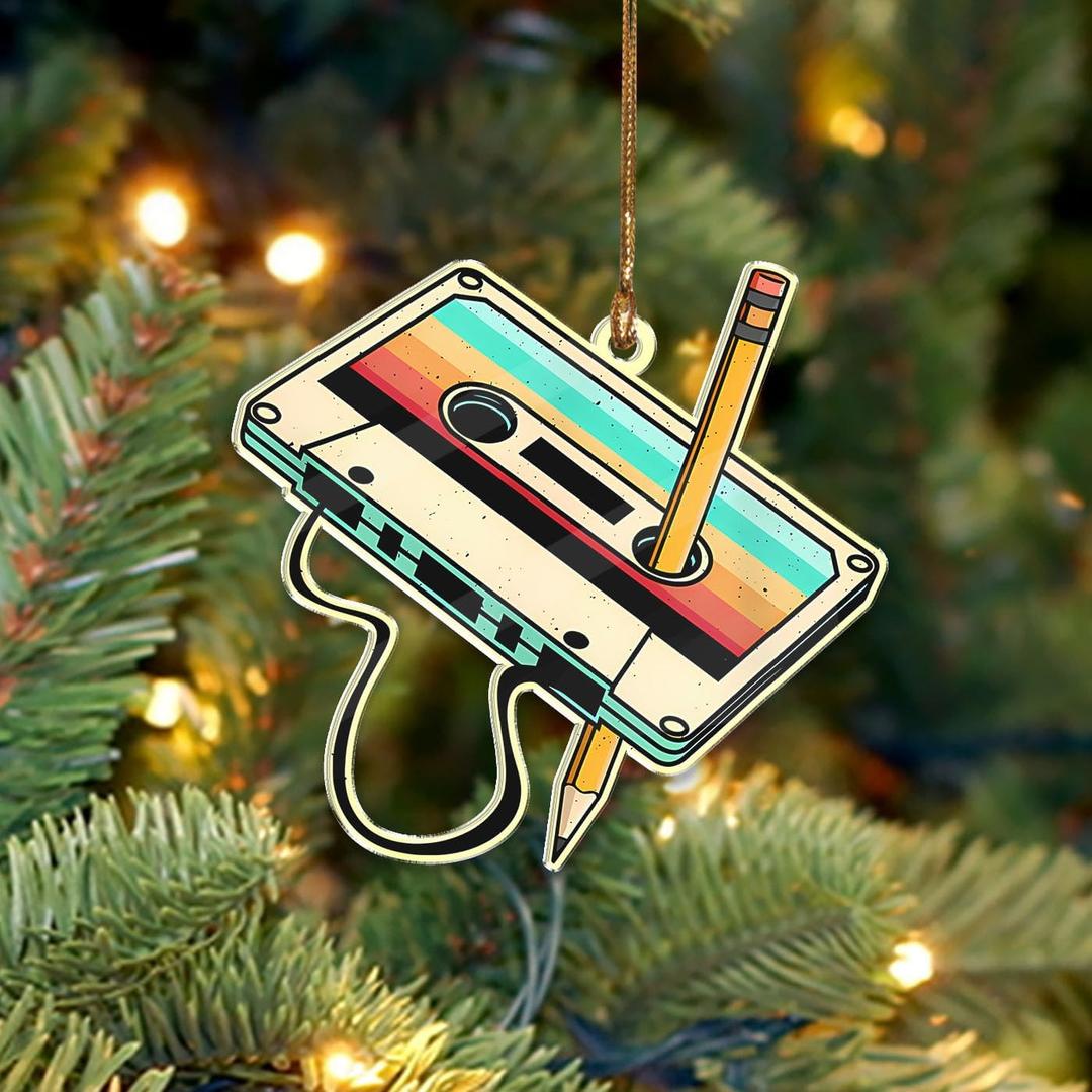 Retro Cassette Tape with Pencil Ornament, Vintage Music Ornaments for 70s, 80s, 90s Lovers, Nostalgic Gifts for Men, Women, Teens, Musician, DJs & Retro Party Decor Holiday Christmas Tree