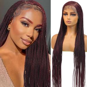 DOSAY 360 Full Lace Knotless Cornrow Braided Wigs for Black Women Burgundy Red Box Braid Wig with Baby Hair Human Hair Blended Natural Looking Braided Lace Front Wigs 36 Inch