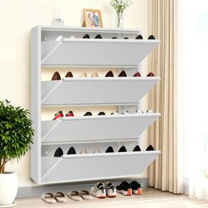 Shoe Storage Cabinet with 4 Flip Drawers, Hidden Slim Narrow Shoe Rack Cabinet, Wall Mount Metal Shoe Cabinet for Entryway, White, 31.5 inches x 57 inches x 5.9 inches
