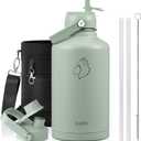 BUZIO 64oz Insulated Water Bottle, Half gallon Stainless Steel Jug (Cold for 48 Hrs), Triple Wall Vacuum Large Metal Flask with Leakproof Straw Lid and Carry Sleeve, Sage Green