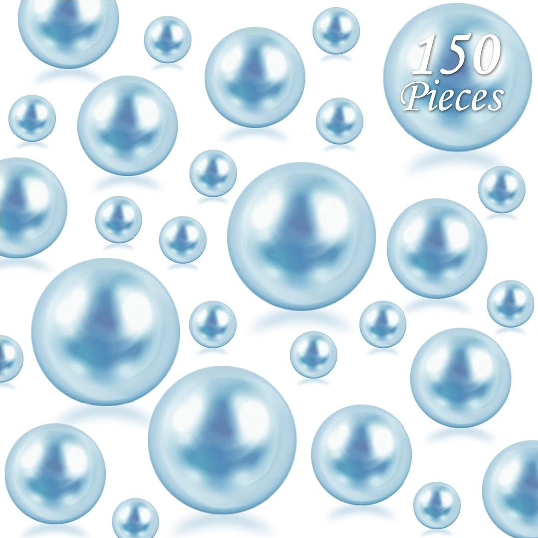 150Pcs Light Blue Polished No Hole Faux Pearl Beads for Vase Filling Decorations, Plastic Pearls Vase Fillers, Table Scatters, Wedding Centerpiece, Home Decor