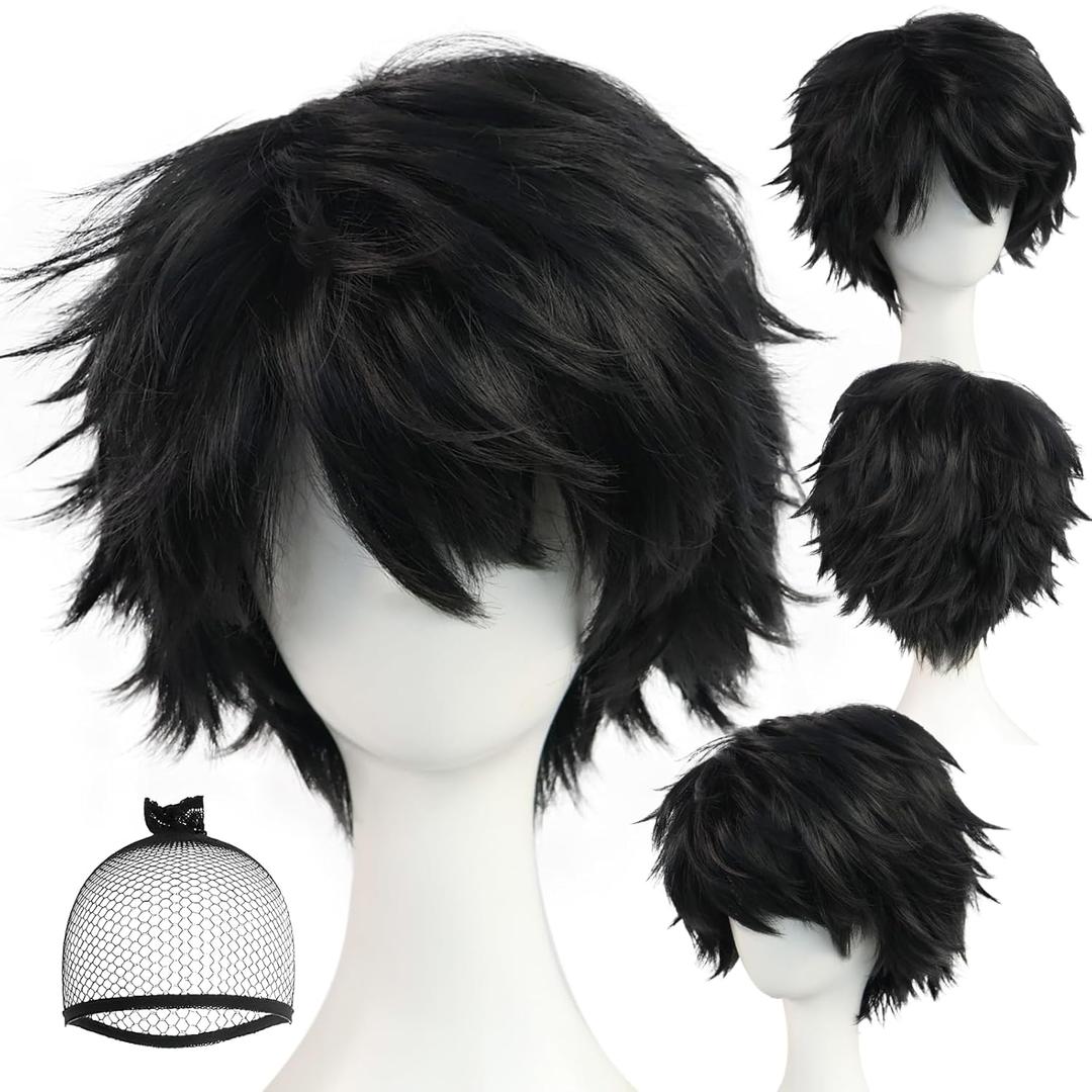 (Wig Cap + Short Black Cosplay Wig for Men Synthetic Hair Black Layered Anime Wigs for Cosplay Costume Short Anime Party Wigs for Halloween Costume Outfit