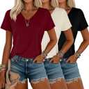 Riyiper 3 Pack Women's T-Shirts V Neck Summer Trendy Short Sleeve Casual Tops Spring Loose Fit Basic Straight Hem Tees (XX-Large, Black, Cream, Red)