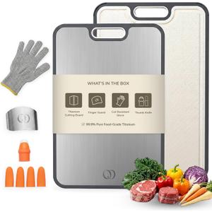 Titanium Cutting Board Double-Sided 2-in-1 (99.9% Titanium + PP), 15" x 10", with Accessories (Finger Guard, Glove, Thumb Knives) - Kitchen Metal Chopping Board for Meat, Fruits & Vegetables