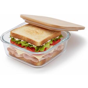 3-Cup Glass Sandwich Container with Bamboo Lid, Square Food Storage Bowls, Airtight Food Storage Lunch Box for Meal Prep, Freezer & Microwave Safe