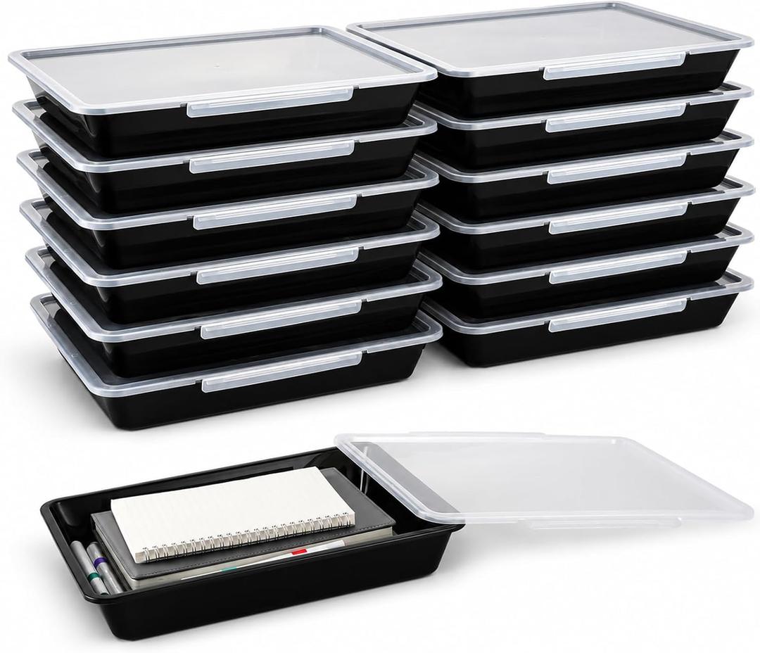 12 Pack Flat Storage Paper Tray with Clear Latching Lids, Black
Durable Plastic, Letter Size, Stackable Flat Trays Bins for Classroom, Library,School, Teacher, Arts Crafts use