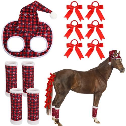 Geyoga 11 Pcs Christmas Horse Accessory Includes Santa Horse Hat with Fleece Trim 4 Pcs Horse Leg Wraps with 6 Pcs Ribbon Bow Horse Hair Ties for Horse Decoration for Holiday Christmas Horse Costume
