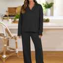 ANRABESS Lounge Sets for Women 2 Piece Outfits Sweatsuit Set Fall V Neck Sweatshirts Wide Leg Pants Tracksuits Black Small (Black, S)