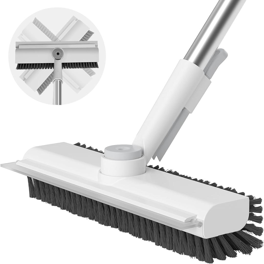 Floor Scrub Brush with Long Handle, 3 in 1 Scrape and Heavy-Duty Stiff Bristle Scrubber Brush for Cleaning Shower Bathroom, Patio, Pool, Garage, Kitchen, Wall and Deck (White, 1 Pack)