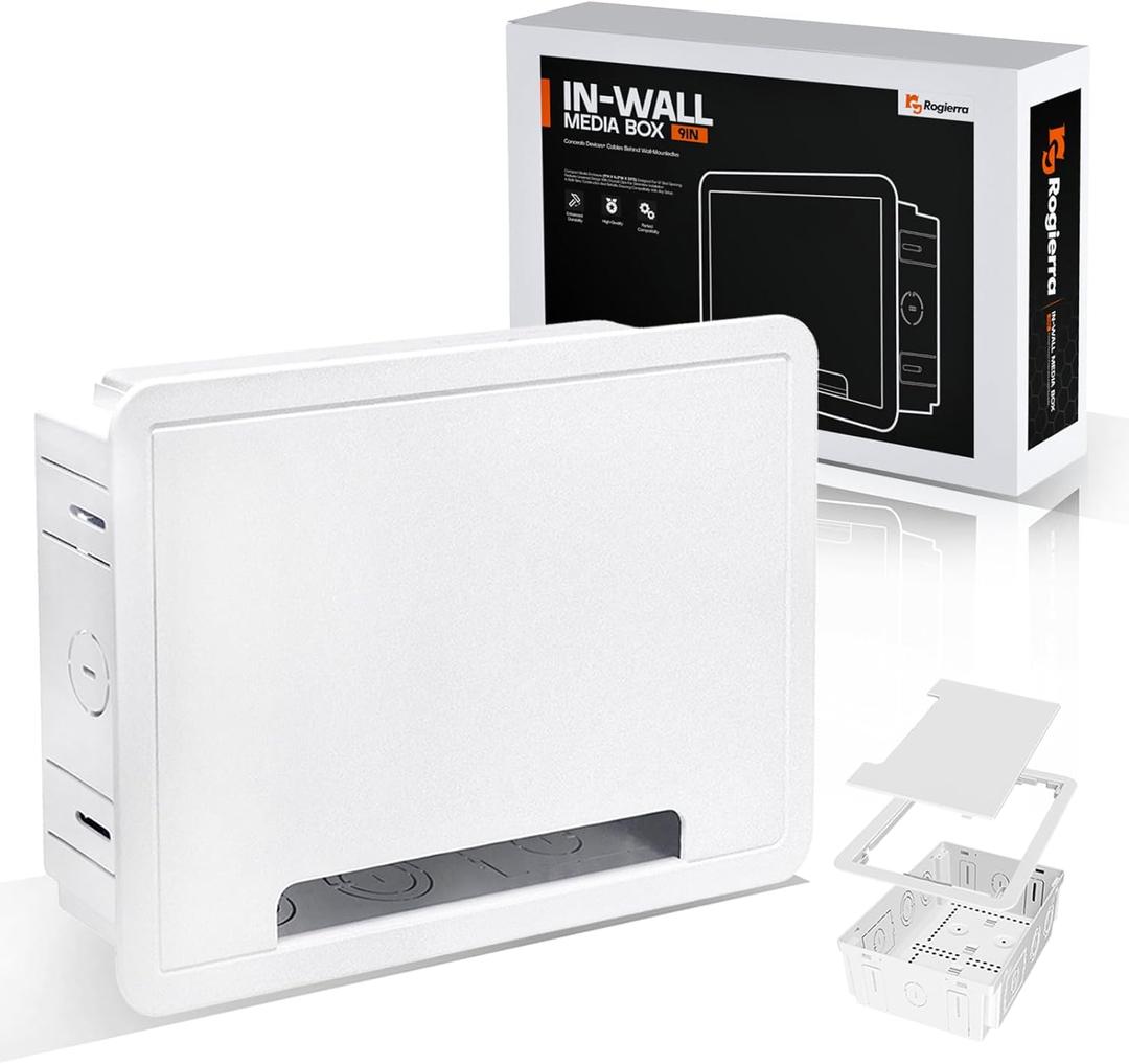In-Wall Media Box - TV Cable Management Kit, Structured Media Enclosuree, Home Theater Box, Compatible with Roku, Apple TV, Samsung One Connect Mini - WiFi Friendly, Dual Purpos, White-9"