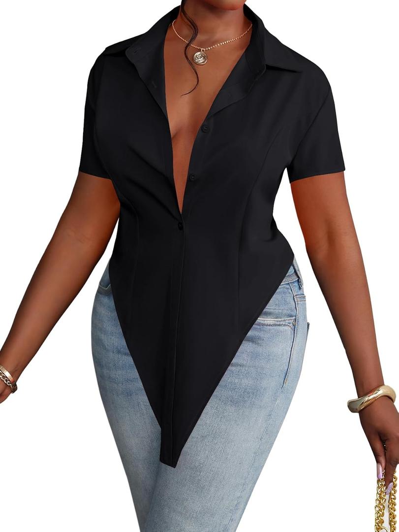 LYANER Women's Button Down Collar V Neck Open Front Short Sleeve Slit Hem Long Shirt Blouse Tops