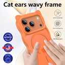 3 in 1 Magnetic for iPhone 17 Pro Max Case for Women Girls,1X Screen Protector+1X Camera Lens Protector,Compatible with MagSafe,Translucent Matte,Cute Cat-ear Wavy Phone Case,6.9",Bright Orange