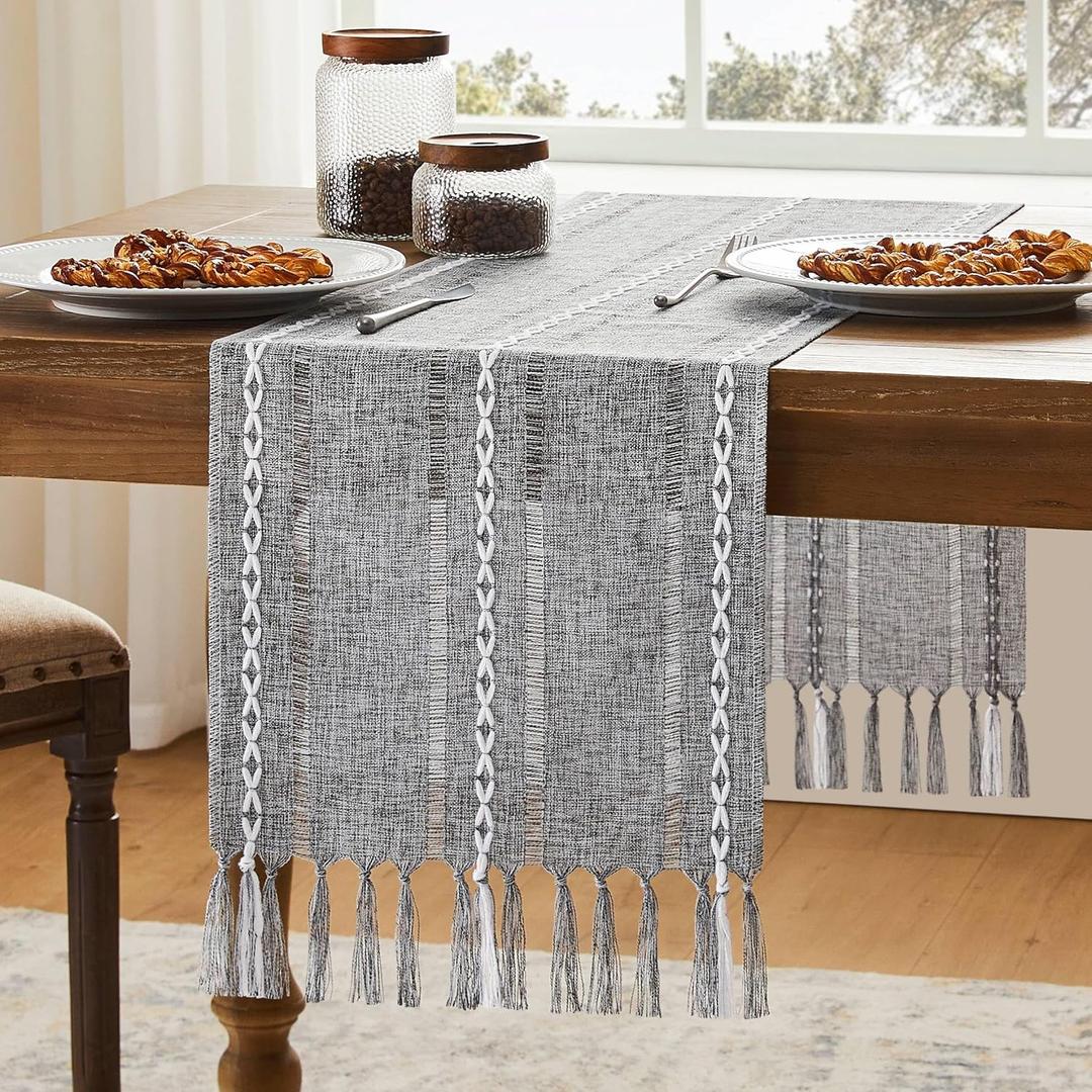 Hemstitched Farmhouse Table Runner, Charcoal 13x36 Inch, Cotton Linen Table Runners 36 Inches Long, Embroidered Striped Grey Boho Table Runner Rustic Home Decor