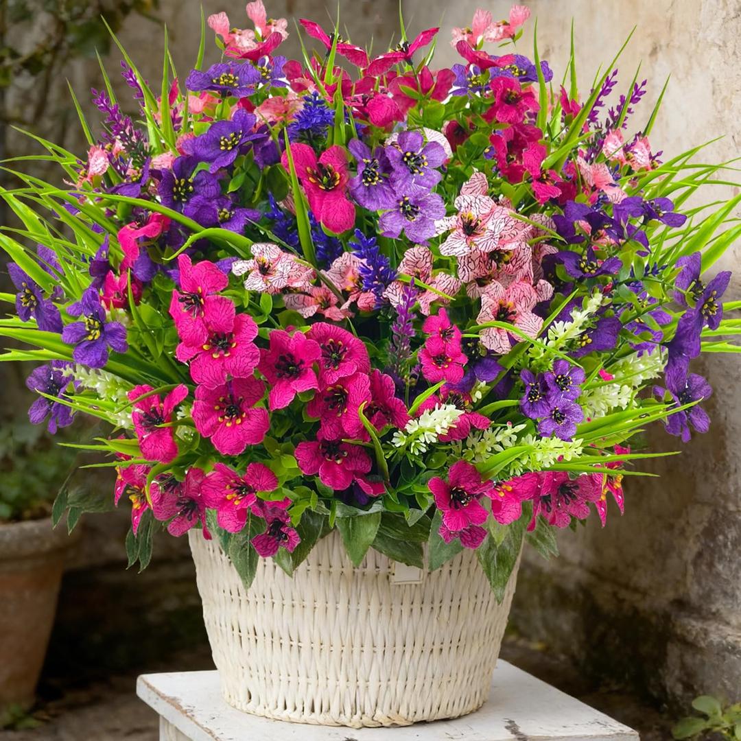 12 Bundles Artificial Flowers Outdoor Silk Fake Plants UV Resistant Faux Plastic Greenery Shrubs for Home Outside Garden Front Porch Window Box Pot Planters Decor (Mix Color)