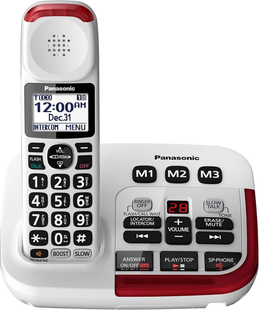 Panasonic Cordless Phone, 1 Handset Amplified Wireless Phone with Slow Talk, 40dB Volume Boost, 100dB Loud Visual Ringer, Hearing Aid Compatibility, Large Screen & Backlit Keypad - KX-TGM420W (White)