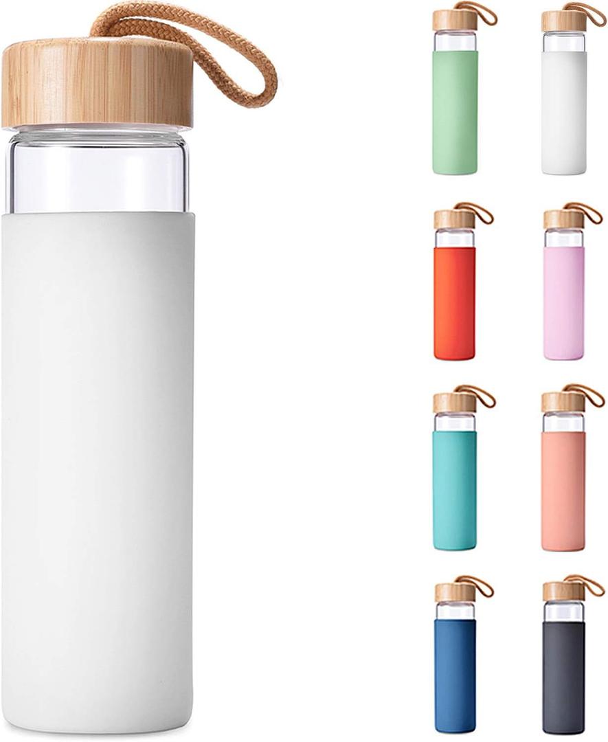 20 Oz Borosilicate Glass Water Bottles with Silicone Sleeve BPA Free, Dishwasher Safe - Reusable Clear Glass Drinking with Leak Proof Bamboo Lid | Perfect Gym Water Bottles for Men & Women (White)