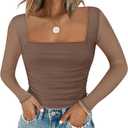 Chunpin Women's Bodysuits Square Neck Long Sleeve Bodysuits Mesh Ruched Thong Body Suit Outfits Going Out Tops (Large)