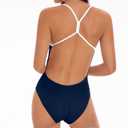 Beautikini Period Swimwear Women One Piece Menstrual Swimsuit Leakproof Racerback Athletic Bathing Suit for Teens Girls (Medium, Blue White)