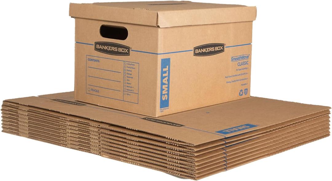 Bankers Box Small Classic Moving Box, 10-Pack, Reinforced Handles, Tape-Free Assembly, 15 x 12 x 10 Inches (7714901)
