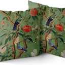 Green Chinoiserie Pillow Cover 18x18 Inch Vintage Bird Flower Throw Pillow Covers Farmhouse Floral Decorative Pillowcase Outdoor Cotton Square Cushion Cover for Couch Sofa Bedroom Decor (Pack of 2)