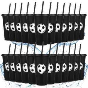 Domensi 24 Pcs Sport Soccer Plastic Cups with Lid and Straw 24 oz Reusable Plastic Cups Coffee Tumblers Gift for Fan Friend Guest Birthday Office Sport Party Supplies (Black)