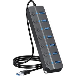 USB Hub 3.0, 7-Port USB Hub Splitter with Individual On/Off Switches and Lights, 3.2ft/1m Long Cable Compatible with MacBook, Laptop, Surface Pro, PS4, PC, Flash Drive, Mobile HDD-Gray