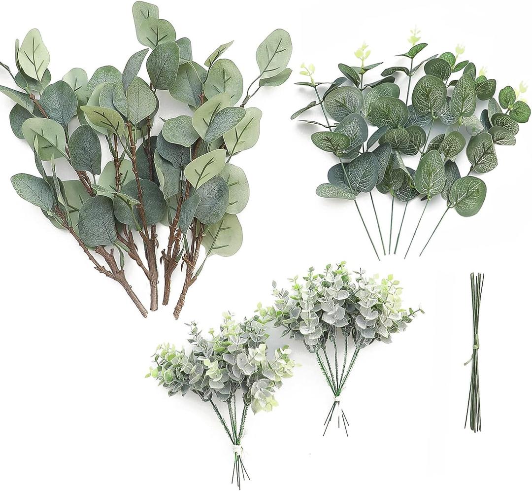 Floroom 3 Kinds of Artificial Silver Dollar Eucalyptus Stems Faux Greenery Spray, 19pcs Best Filler Fake Plants for DIY Bouquet Wedding Centerpieces (3 Kinds of Eucalyptus)