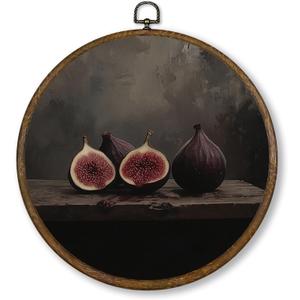 Qskjre Vintage Figs Wall Art Decor, Dark Moody Fruit Round Wood Framed Canvas Wall Art, Rustic Farmhouse Country Hanging Prints for Kitchen Dining Room Decorations 10x10inch