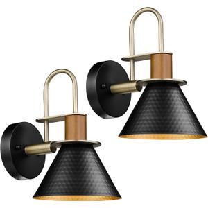 Modern Wall Sconces Set of Two, HWH Industrial Sconce Wall Lighting 1-Light, Brass Barn Wall Vanity Light for Bedroom Kitchen, Hammered Metal Shade, Black and Gold Finish, 5HZG74B-2L BK+BG