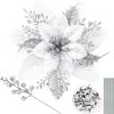 65pcs Christmas Poinsettia Artificial 5.9", Glitter Berries with Stems, Clips for Christmas Tree Decoration, Wreath Ornaments for Xmas Wedding Party Decoration(Silver)