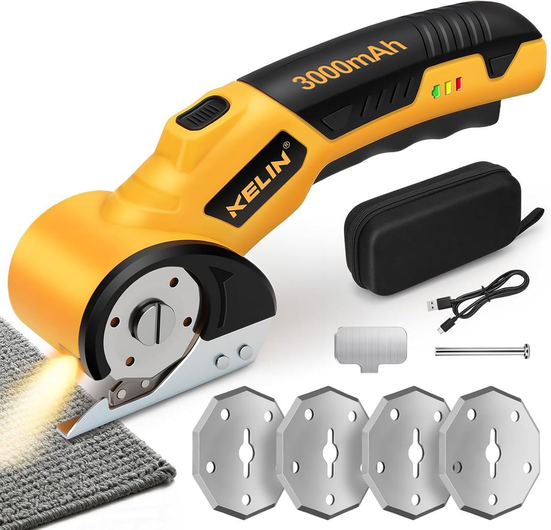 2026 New 3000mAh Cordless Electric Scissors, Cardboard Box Cutter with 4 Blades, Safety Lock & LED Light, Storage Box, 300RPM, 4.2V Electric Cutter for Fabric Carpet Carton Plastic Leather Cloth (Yellow-orange 1)