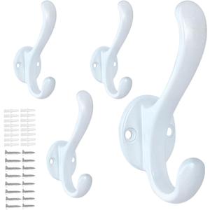 4 Pack Coat Hooks Wall Mount Heavy Duty Utility Retro Double Hooks for Hanging Coats,Hat, Towel, Key, Robe, Scarf, Bag, Cap (White)