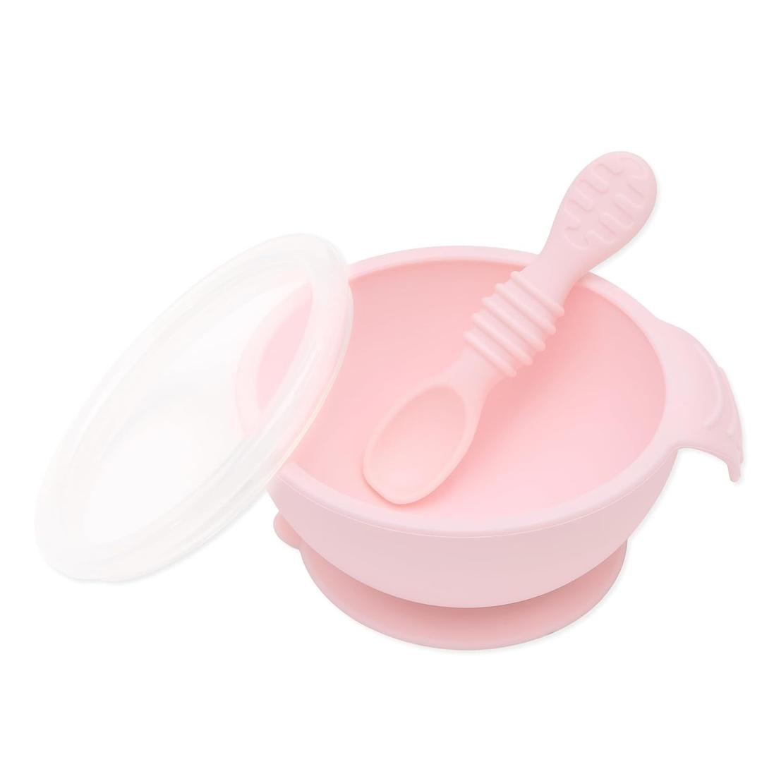 Bumkins Silicone Baby Bowl Feeding Set With Suction for Toddler, Includes Spoon and Lid, First Feeding Set, Essential for Led Weaning, 4 Months+, Pink