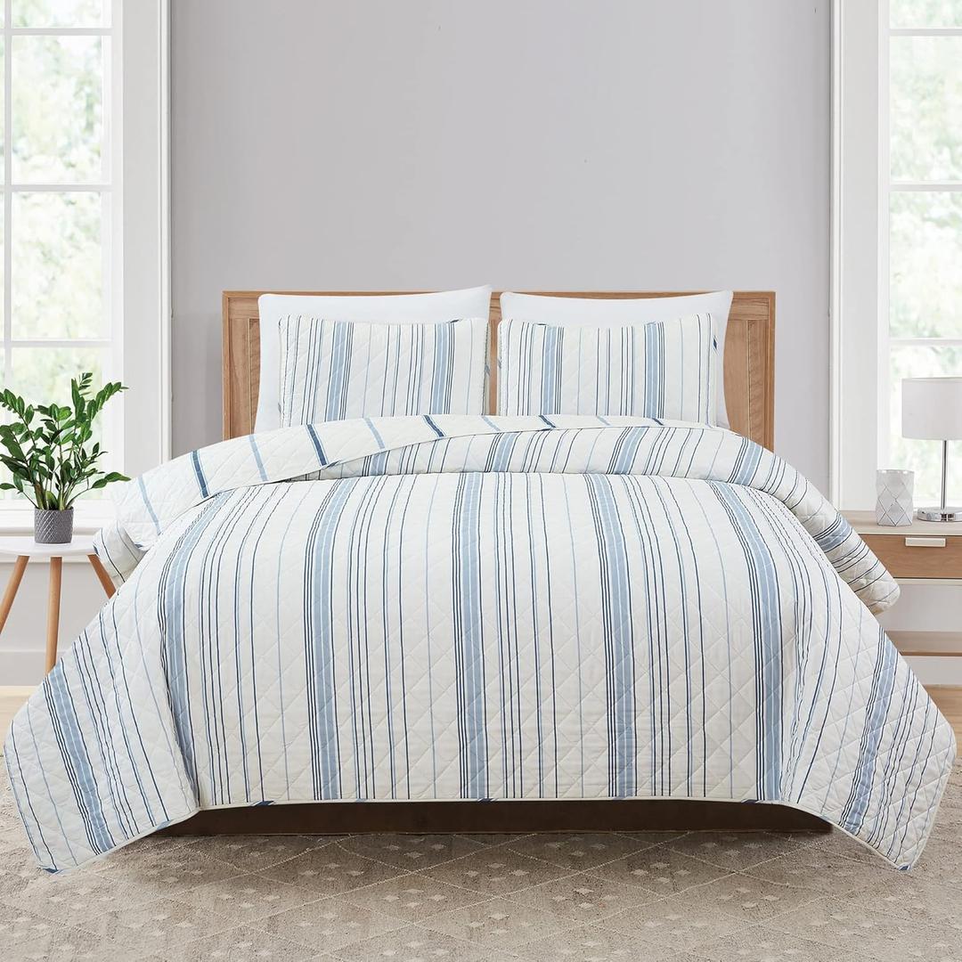 Market & Place 3 Piece Reversible Quilt Set with Shams | All-Season Soft & Lightweight Bedspread with Modern Striped Pattern | Sofia Collection (Full/Queen, Ivory/Blue)