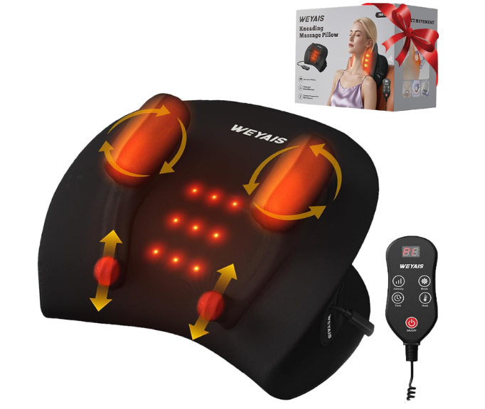 weyais Neck Massager Pillow, Neck and Shoulder Relaxer with Heat, 3 Modes and Strengths, Neck Massager for Pain Relief Deep Tissue, Remote Control, Gift for Women Men Parents Christmas,Black