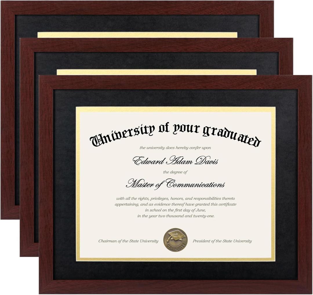 Upsimples 11x14 Diploma Frame Certificate Degree Document Frame with High Definition Glass, 8.5 x 11 with mat for Wall and Tabletop, Mahogany Double Mat, 3 Pack