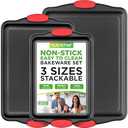 NutriChef 3-Piece Nonstick Kitchen Oven Baking Pans - Premium & Stylish Non-Stick Steel, Commercial Grade Restaurant Quality Metal Bakeware with Red Silicone Handles - Easy to Clean, NCSBS3S