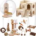 18 Pcs Hamster Toys Set, 10 Kinds Small Animal Chewing Toys, Maze Wood House, Silent Exercise Running Wheels and Water Bottle Set for Hamster Habitat Rat Cage Accessories(Mixed Play Style)