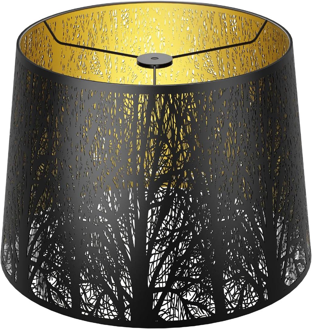 Drum Big Lampshades 12x14x10 inch for Table Lamp and Floor Light, Metal Etching Process Large Lamp with Pattern of Trees, Spider (Black/Gold)