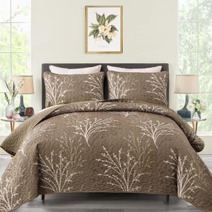 DJY Brown Quilt Set King Size - Branch Botanical Pattern Bedspread Coverlet Set, 3 Pieces Brown Floral Quilt Bedding Set, Soft Lightweight Microfiber Bed Cover for All Season (110''x90'')